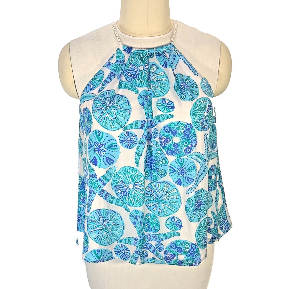 Lilly Pulizter Halter Top Tank Top Women's XXL Blue White Starfish Sand Dollar